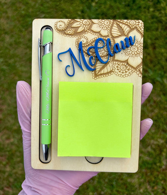 Custom post it holder with engraved pen